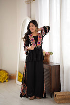 Midnight Black Mirror & Kodi Work Peplum Palazzo Set- Statement Garba Dandiya Look
