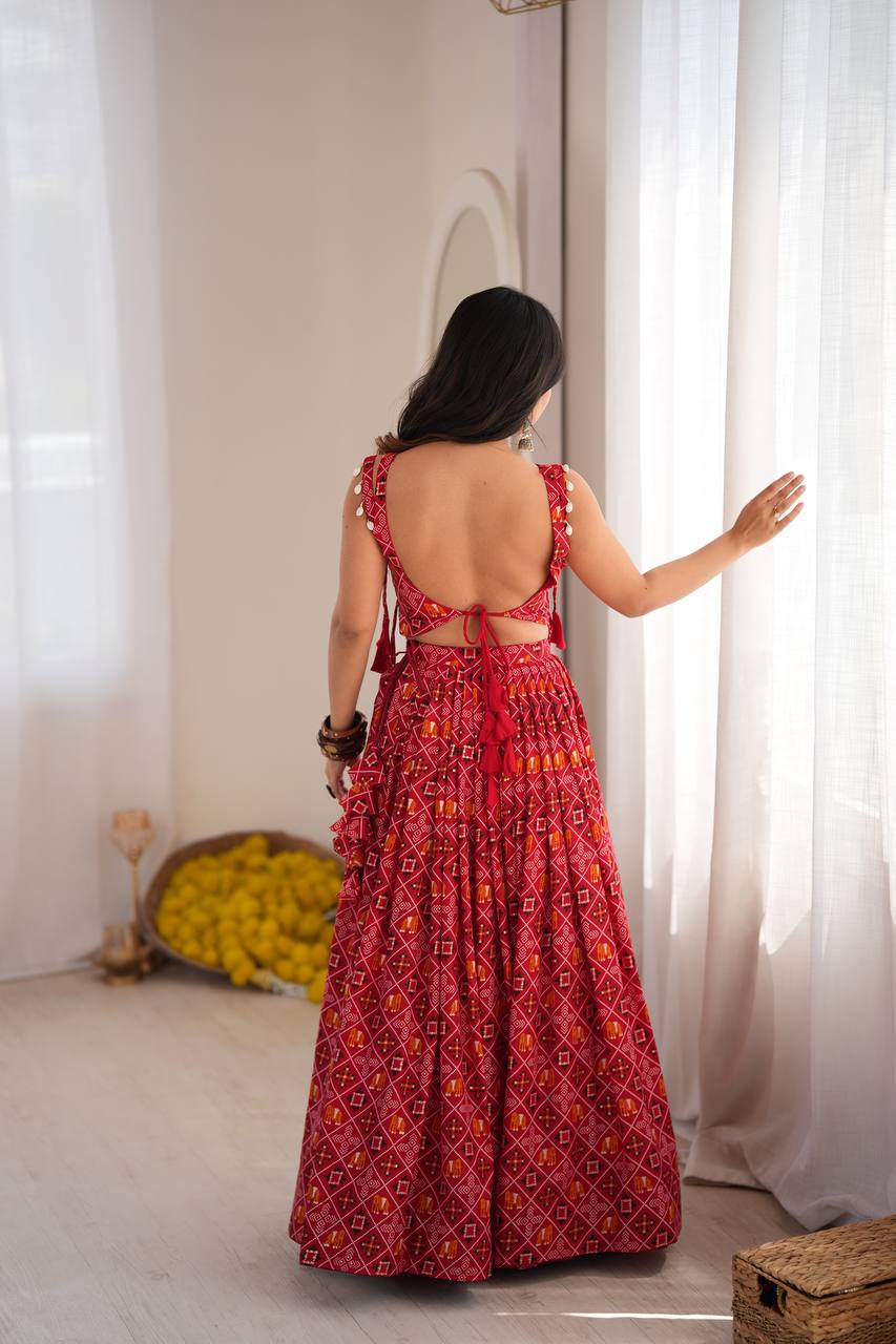 Red Digital Print Rayon Lehenga Choli with Embroidered Mirror Work Koti Festive Wear