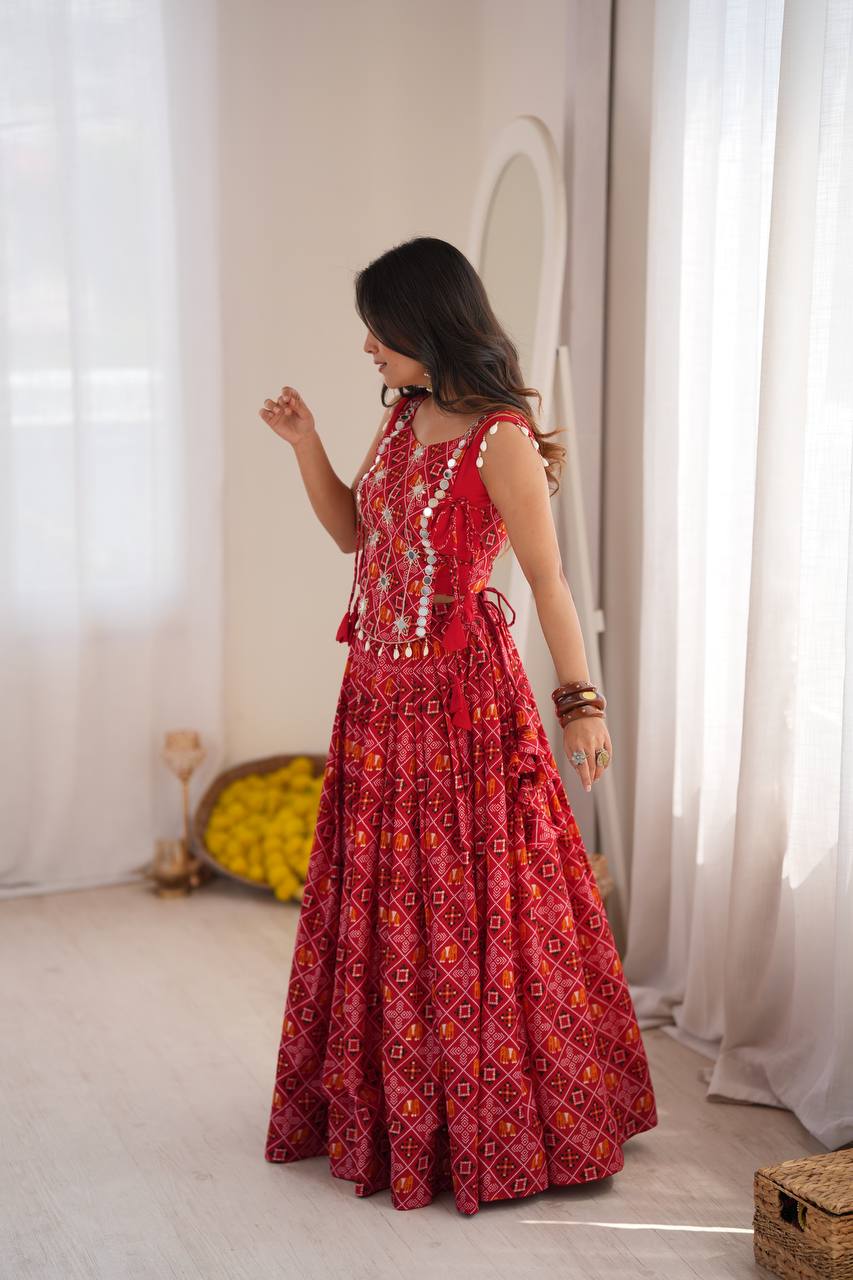 Red Digital Print Rayon Lehenga Choli with Embroidered Mirror Work Koti Festive Wear