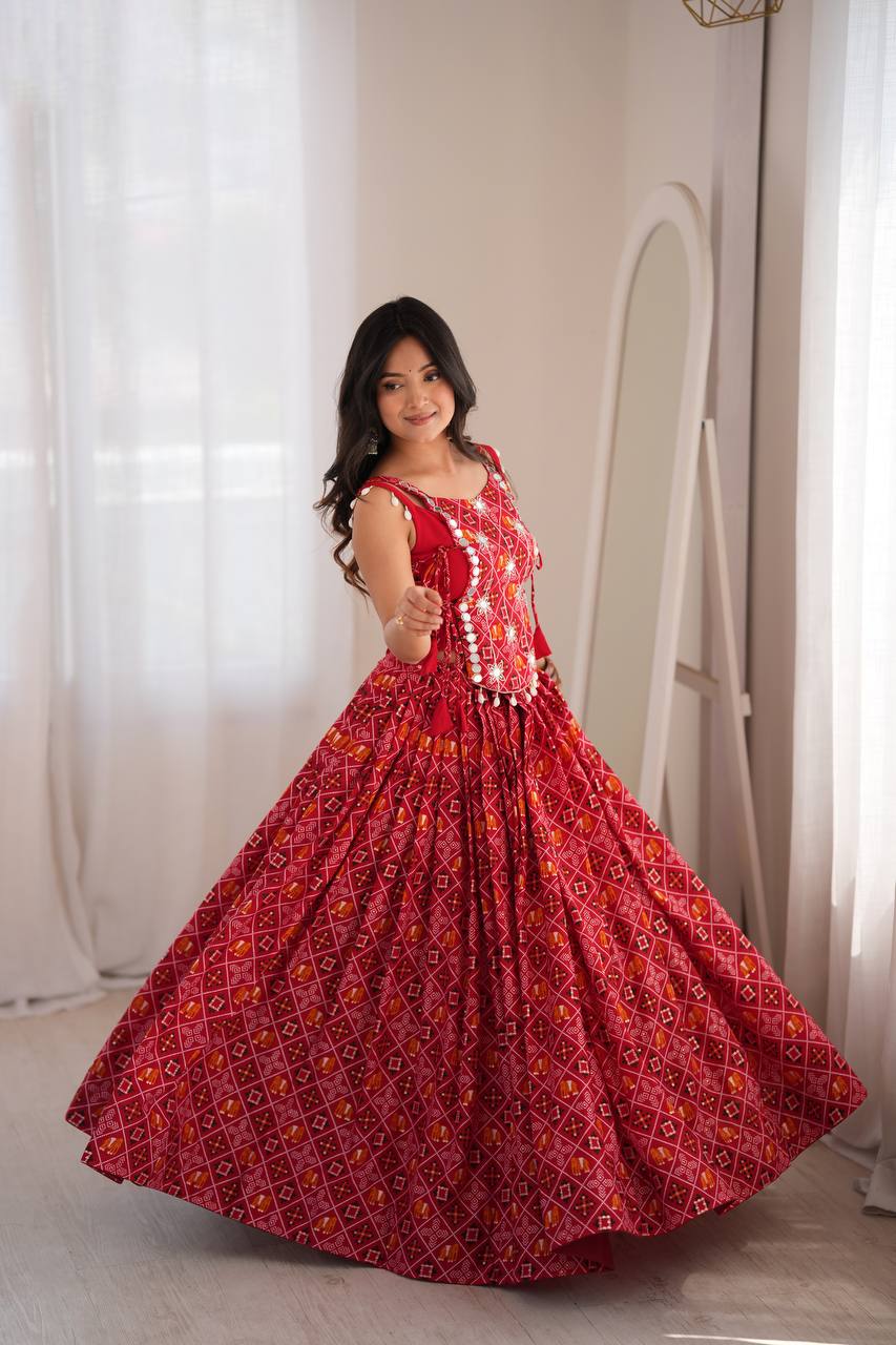 Red Digital Print Rayon Lehenga Choli with Embroidered Mirror Work Koti Festive Wear