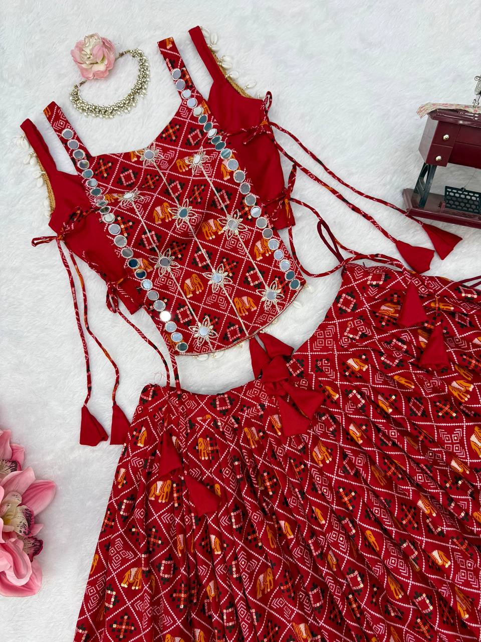 Red Digital Print Rayon Lehenga Choli with Embroidered Mirror Work Koti Festive Wear