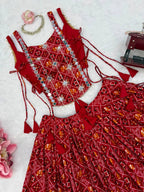 Red Digital Print Rayon Lehenga Choli with Embroidered Mirror Work Koti Festive Wear