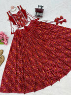 Red Digital Print Rayon Lehenga Choli with Embroidered Mirror Work Koti Festive Wear