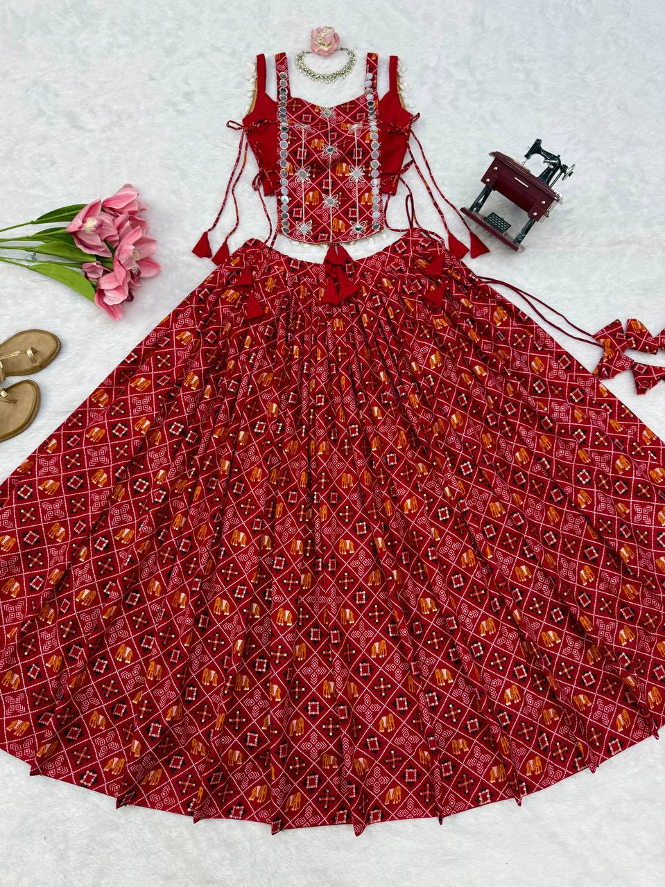 Red Digital Print Rayon Lehenga Choli with Embroidered Mirror Work Koti Festive Wear