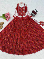 Red Digital Print Rayon Lehenga Choli with Embroidered Mirror Work Koti Festive Wear