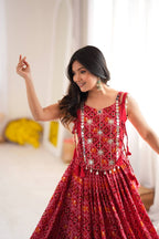 Red Digital Print Rayon Lehenga Choli with Embroidered Mirror Work Koti Festive Wear