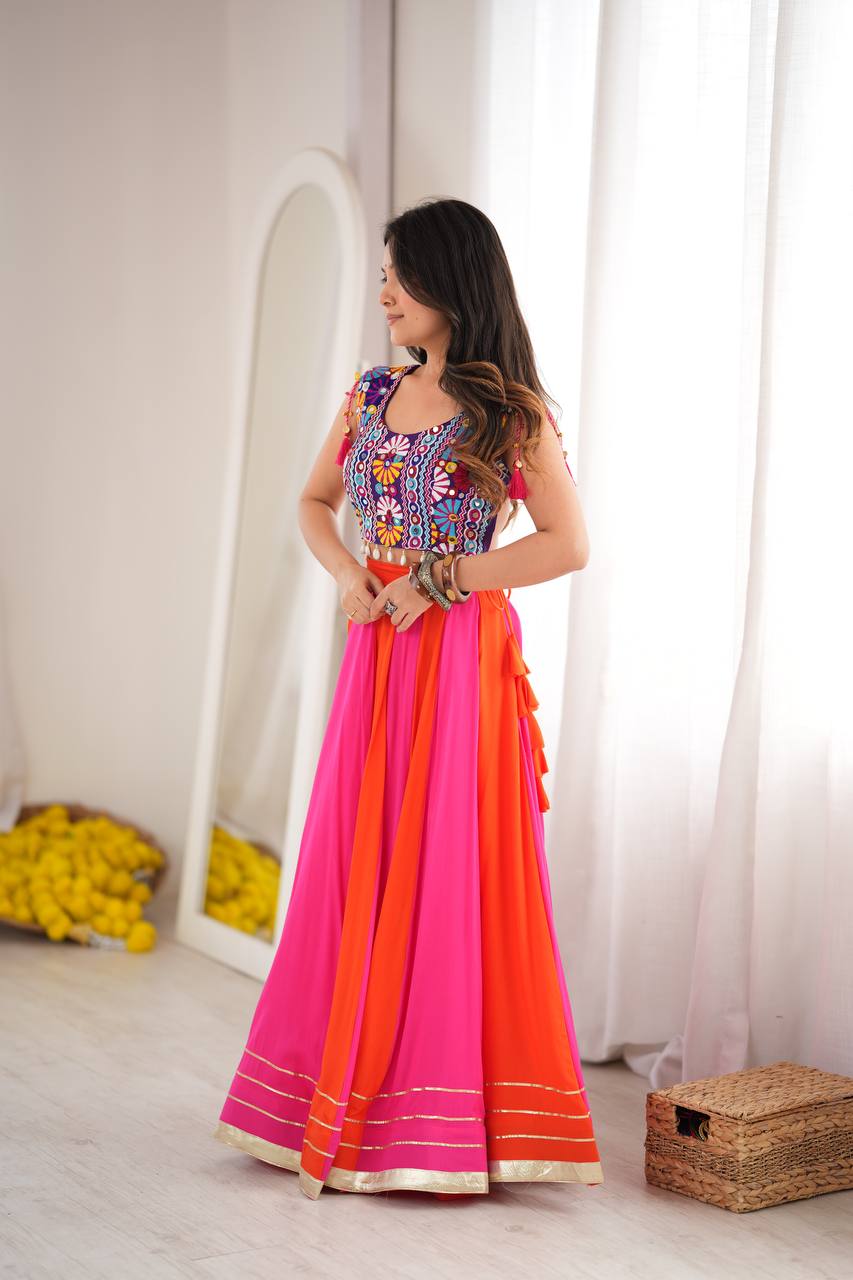 Pink Orange Gota Patti Lehenga with Mirror Embroidered Choli Garba Festive Wear