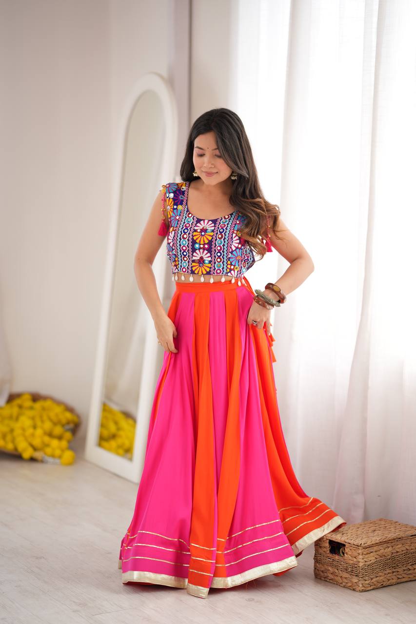 Pink Orange Gota Patti Lehenga with Mirror Embroidered Choli Garba Festive Wear
