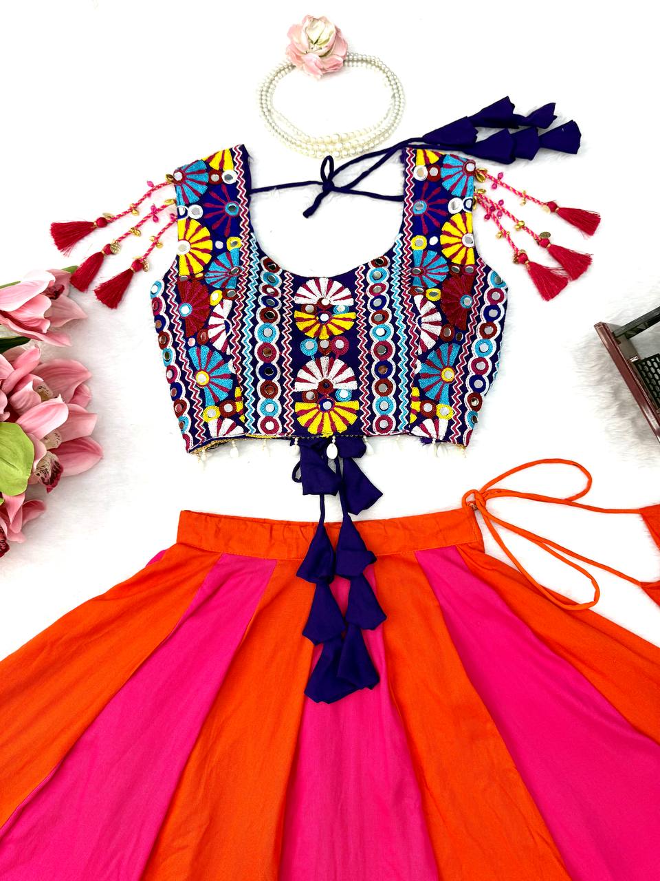 Pink Orange Gota Patti Lehenga with Mirror Embroidered Choli Garba Festive Wear