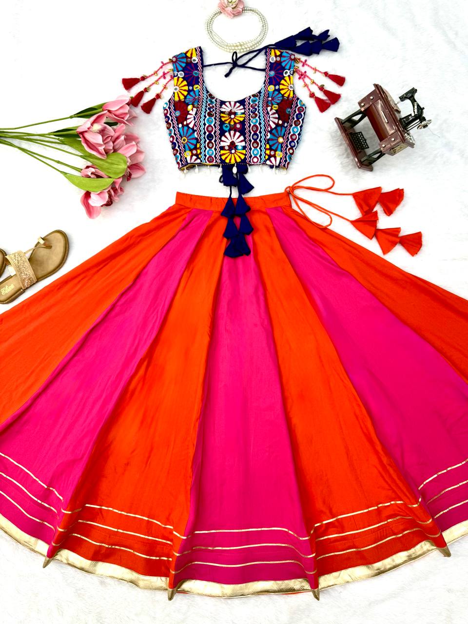 Pink Orange Gota Patti Lehenga with Mirror Embroidered Choli Garba Festive Wear
