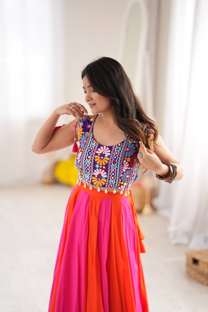 Pink Orange Gota Patti Lehenga with Mirror Embroidered Choli Garba Festive Wear