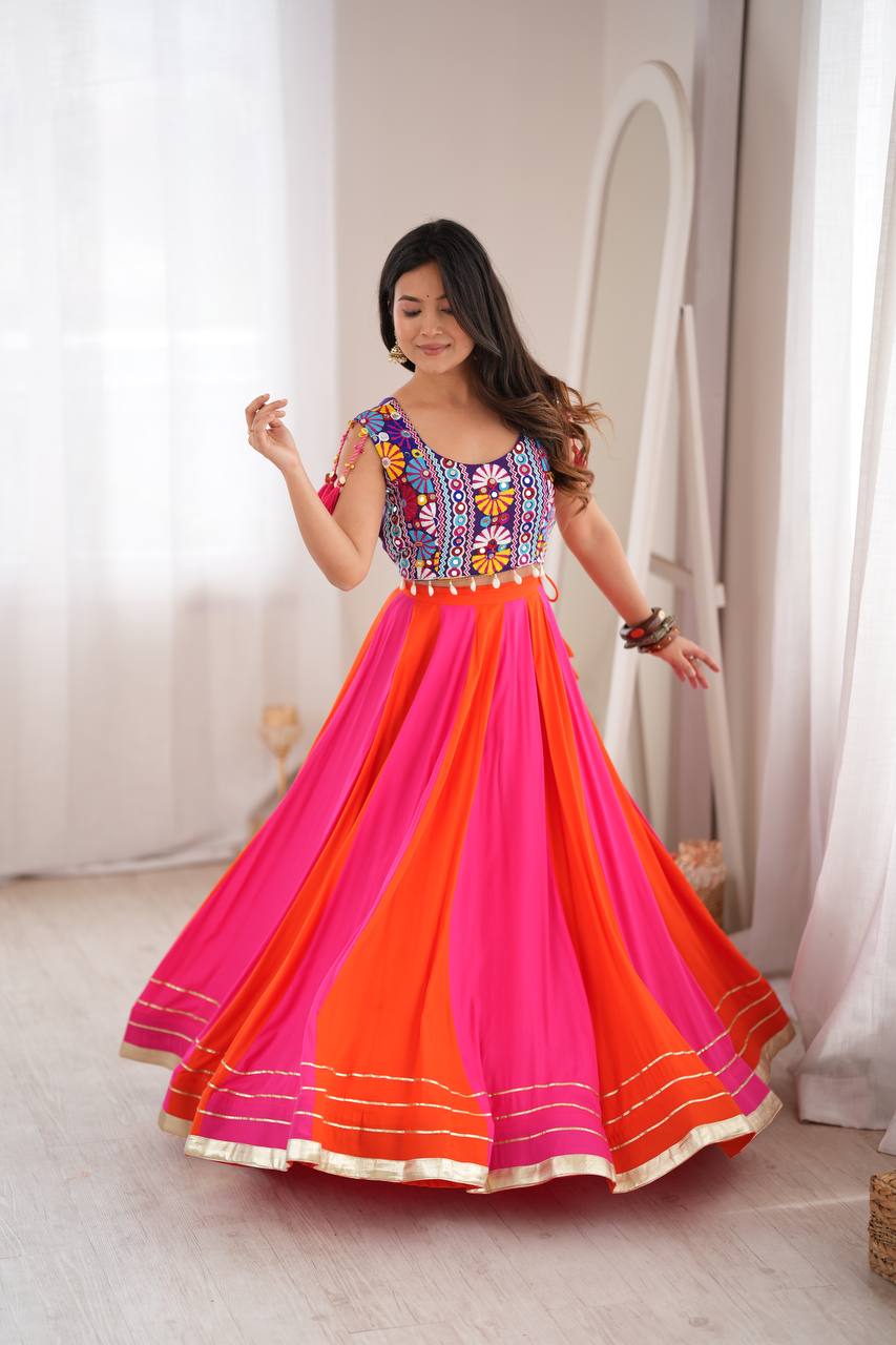 Pink Orange Gota Patti Lehenga with Mirror Embroidered Choli Garba Festive Wear