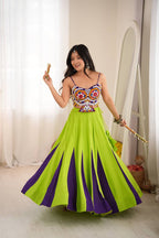 Neon Lime & Purple Flared Lehenga with Mirror Choli, Statement Garba Dandiya Outfit