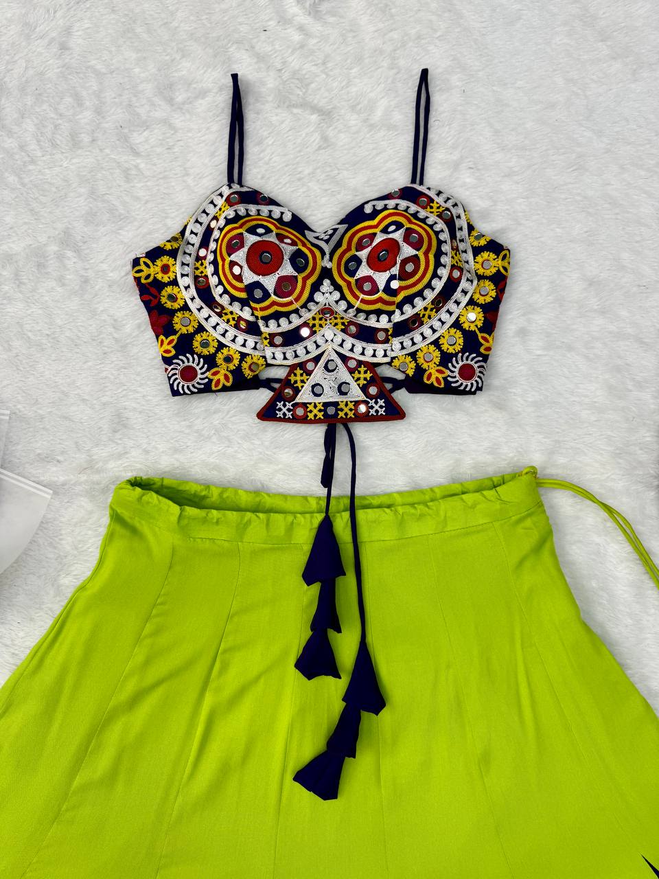 Neon Lime & Purple Flared Lehenga with Mirror Choli, Statement Garba Dandiya Outfit