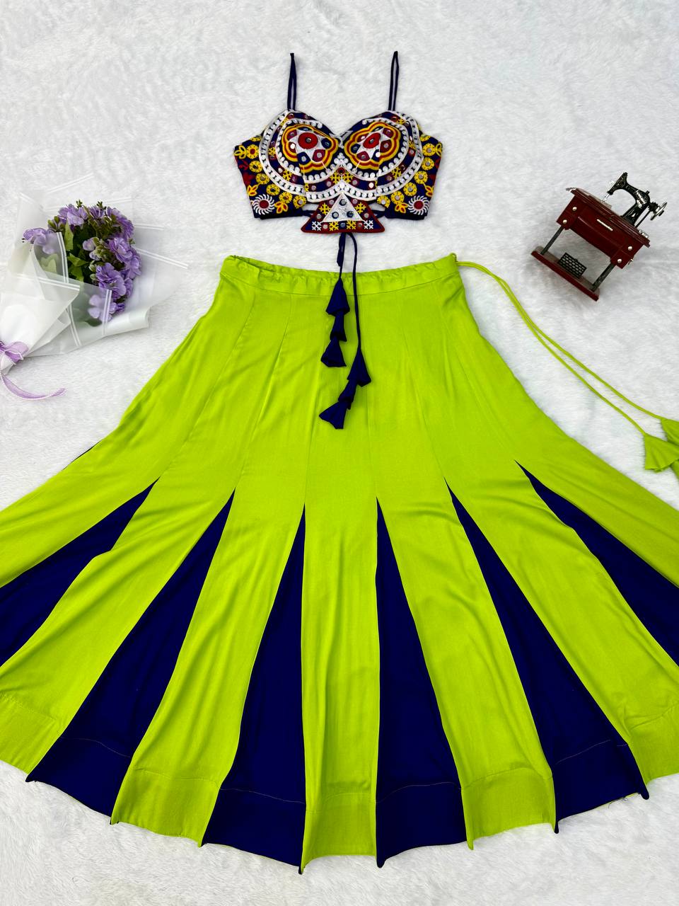Neon Lime & Purple Flared Lehenga with Mirror Choli, Statement Garba Dandiya Outfit