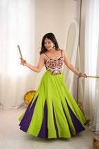 Neon Lime & Purple Flared Lehenga with Mirror Choli, Statement Garba Dandiya Outfit