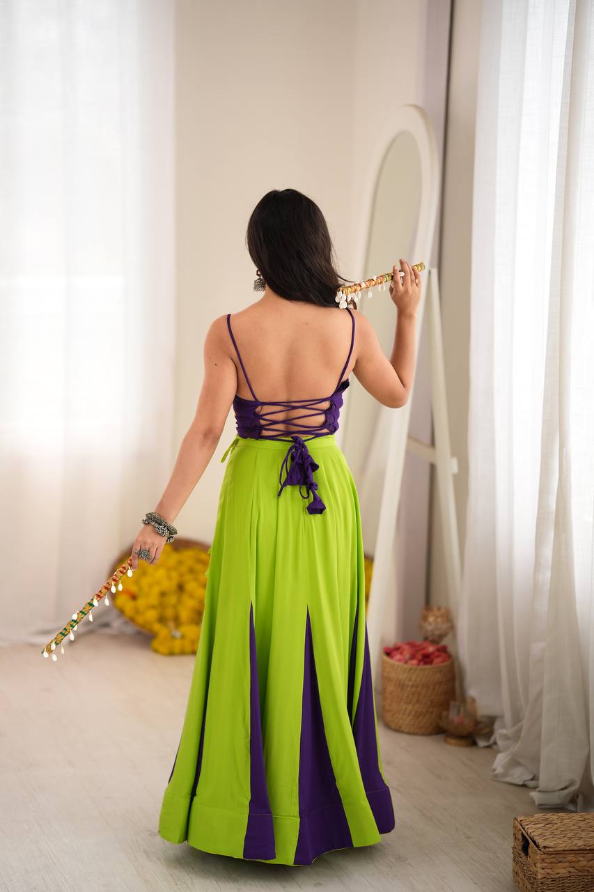 Neon Lime & Purple Flared Lehenga with Mirror Choli, Statement Garba Dandiya Outfit