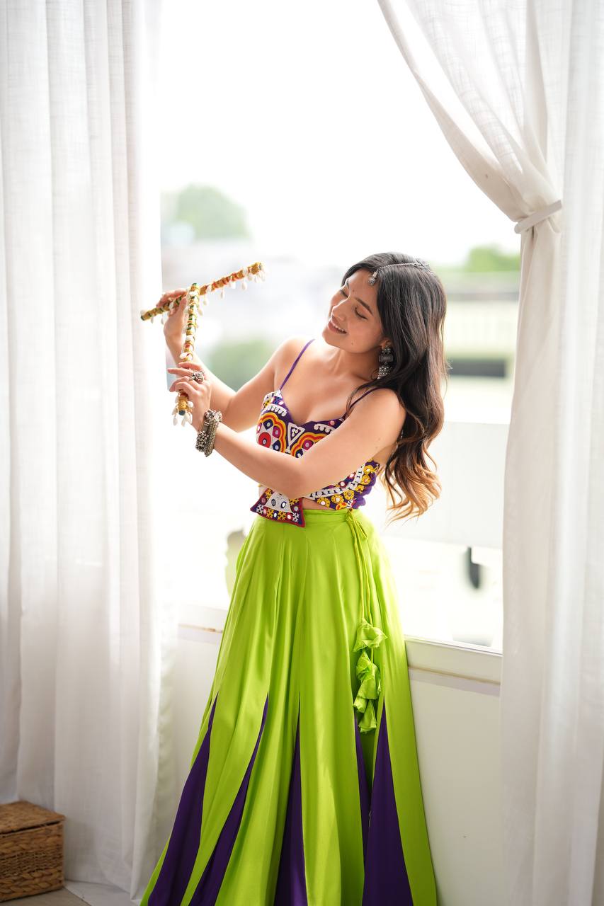 Neon Lime & Purple Flared Lehenga with Mirror Choli, Statement Garba Dandiya Outfit