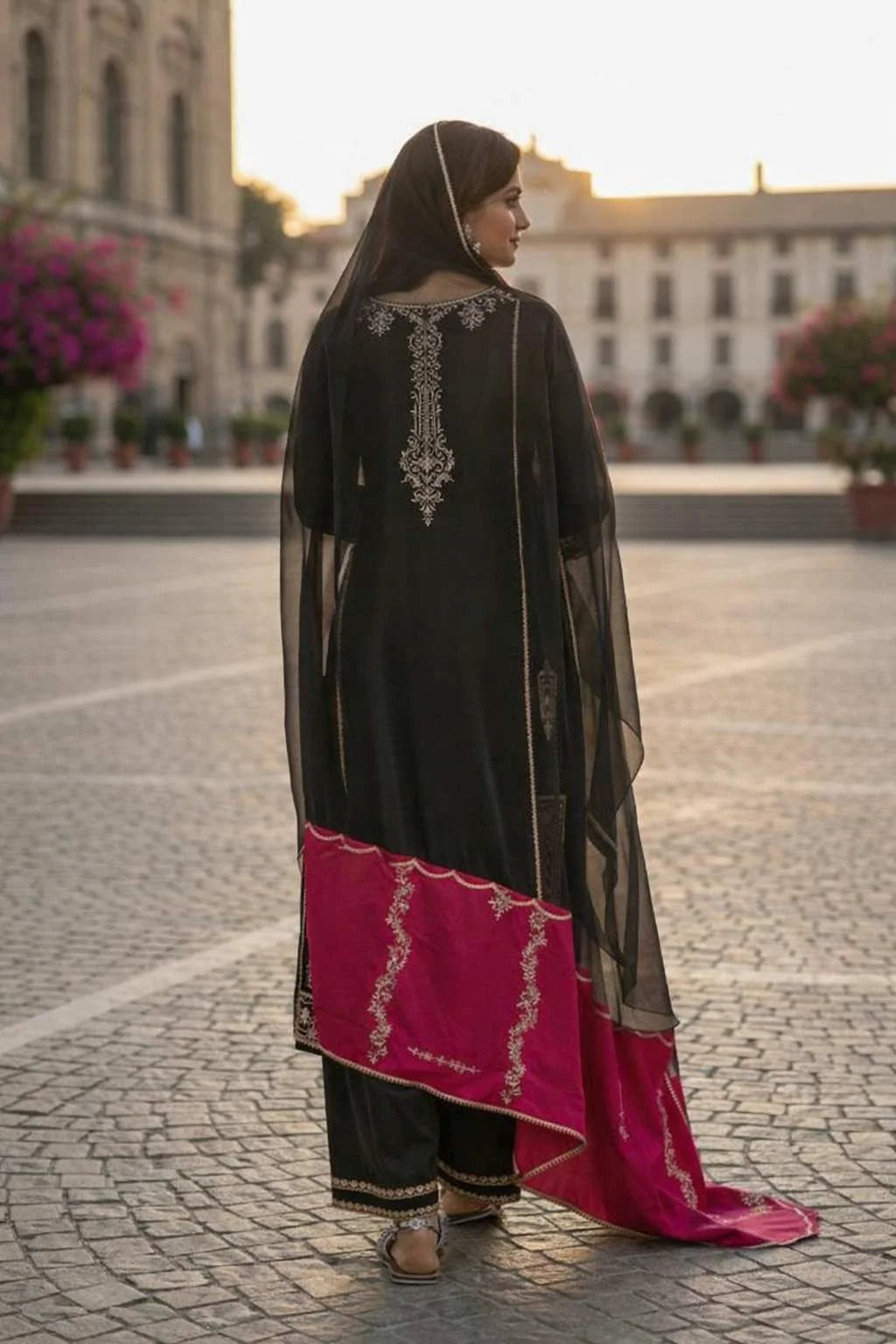 Festive Wear Black GMY Silk Top Plazzo Set with Fancy Sleeves