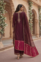 Luxury Maroon GMY Silk Sequence Embroidered Plazzo Suit Set