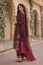 Luxury Maroon GMY Silk Sequence Embroidered Plazzo Suit Set