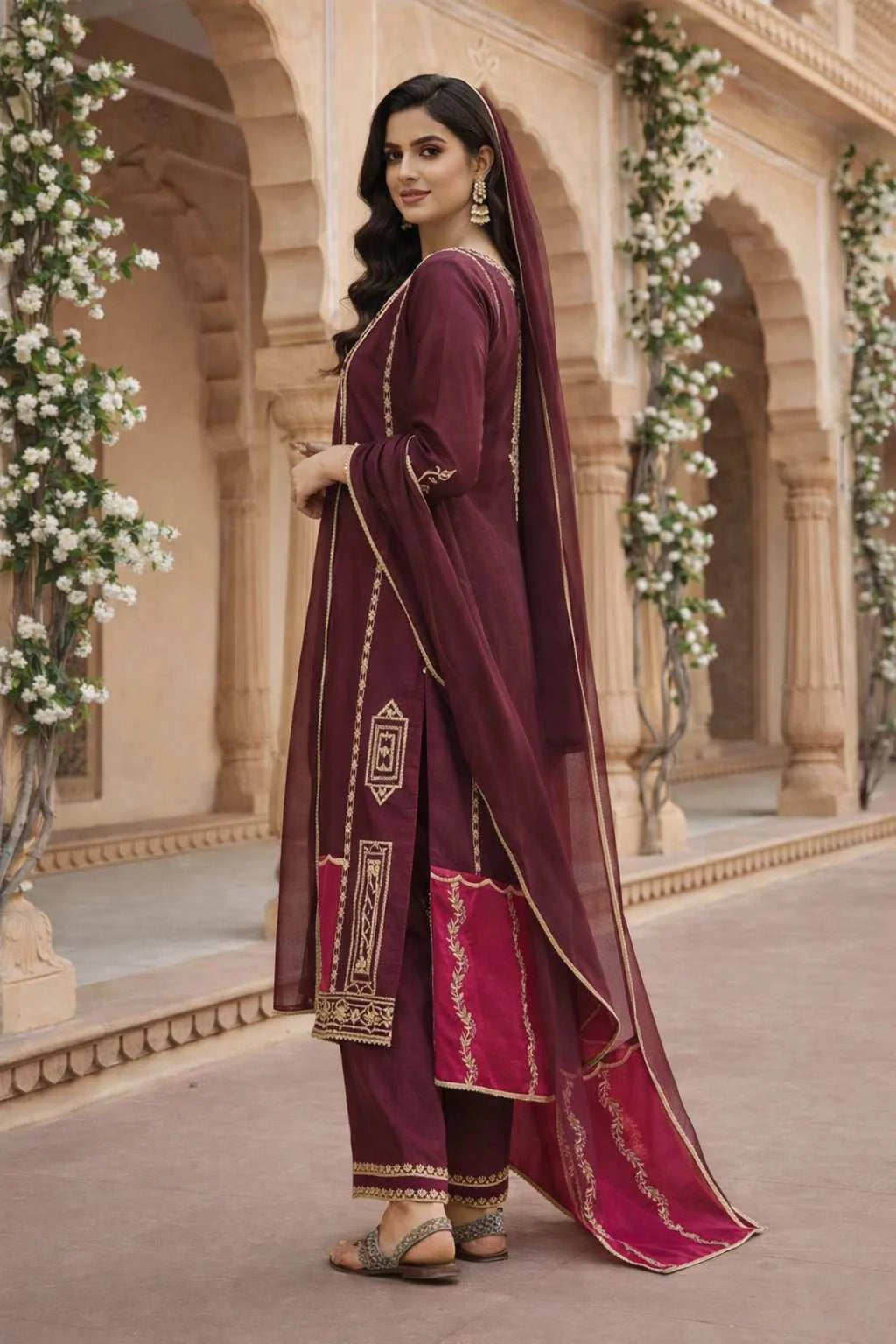 Luxury Maroon GMY Silk Sequence Embroidered Plazzo Suit Set