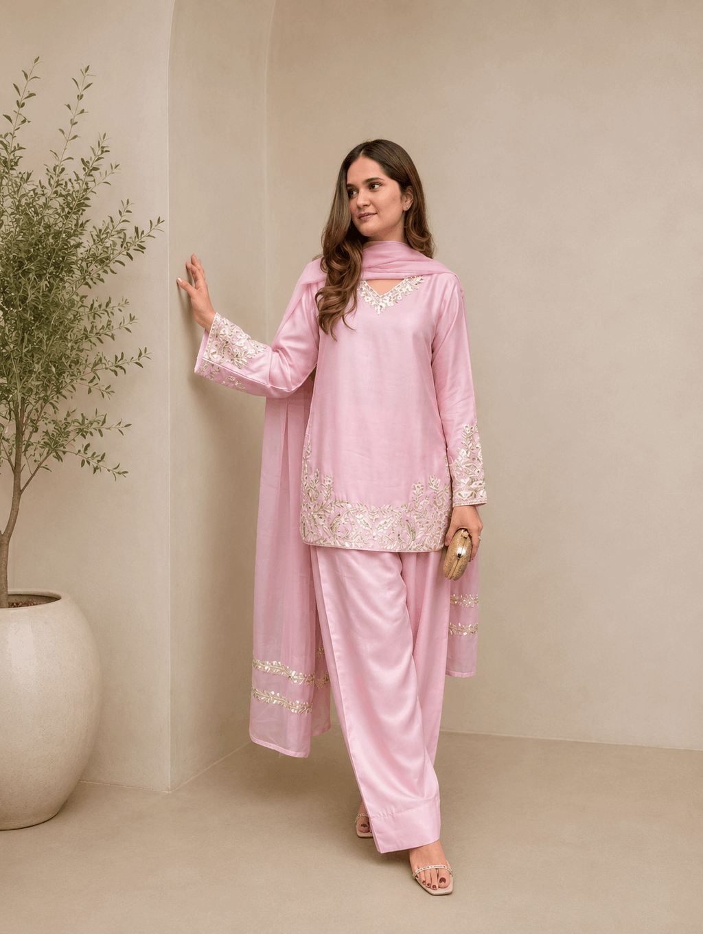 Luxury Blush Pink Embroidered Kurta Farshi Pant Dupatta Set for Women