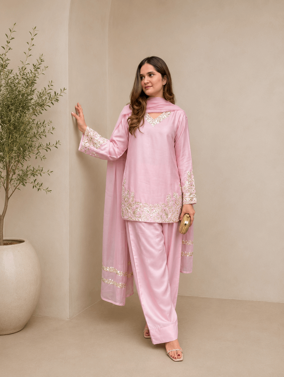 Luxury Blush Pink Embroidered Kurta Farshi Pant Dupatta Set for Women