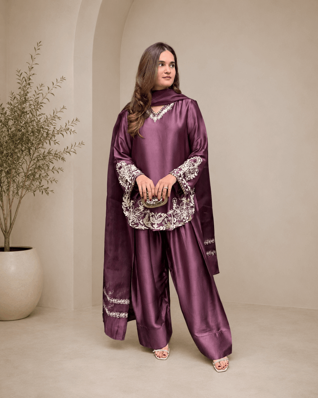 Stylish Wine Purple Embroidered Kurta Farshi Pant Dupatta Set for Women