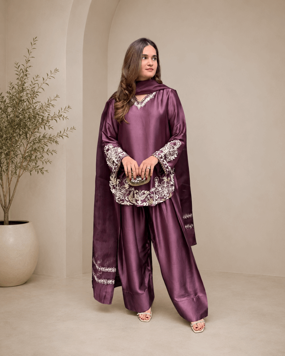 Stylish Wine Purple Embroidered Kurta Farshi Pant Dupatta Set for Women