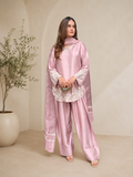 Luxury Blush Pink Embroidered Kurta Farshi Pant Dupatta Set for Women