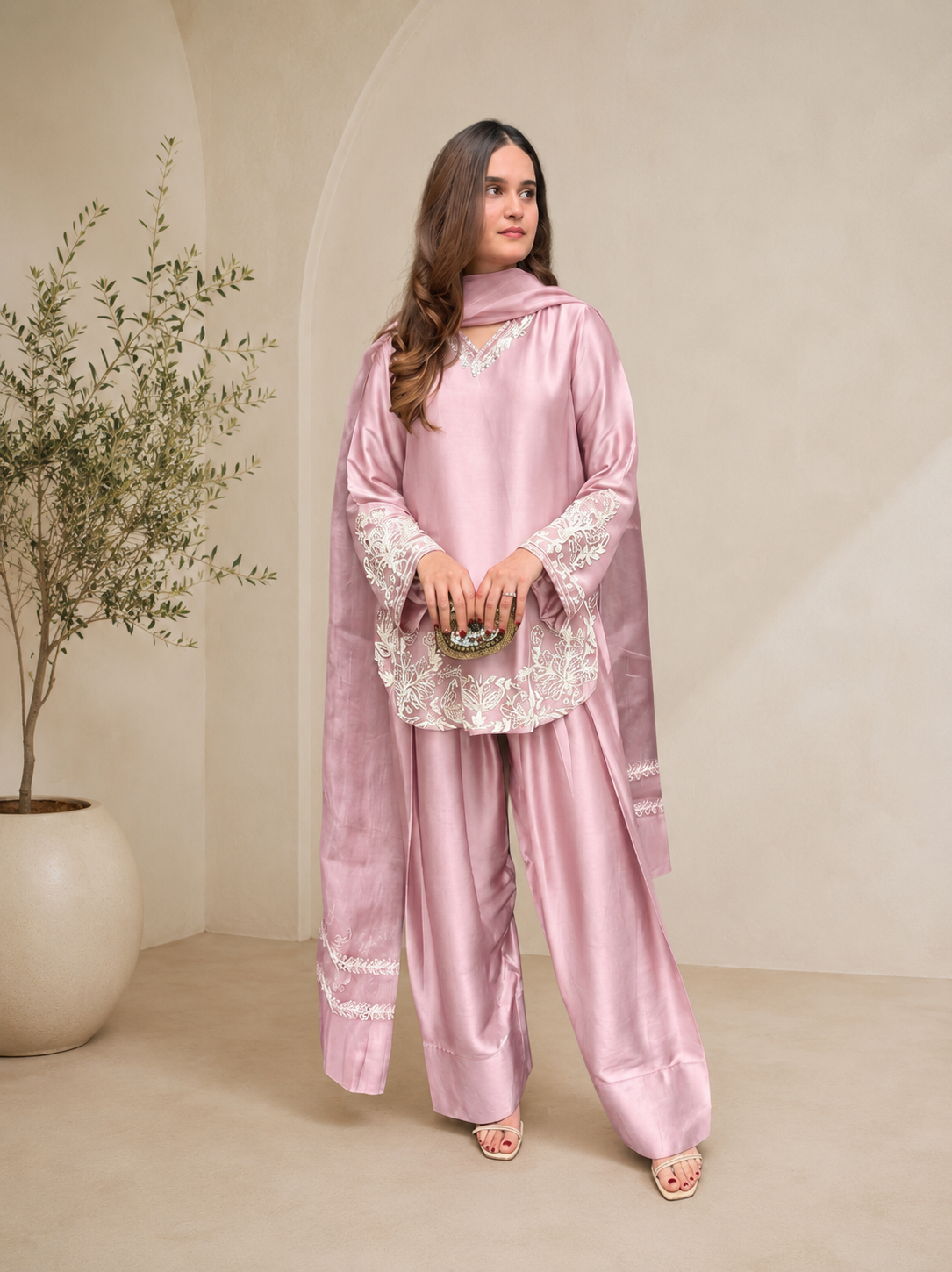 Luxury Blush Pink Embroidered Kurta Farshi Pant Dupatta Set for Women