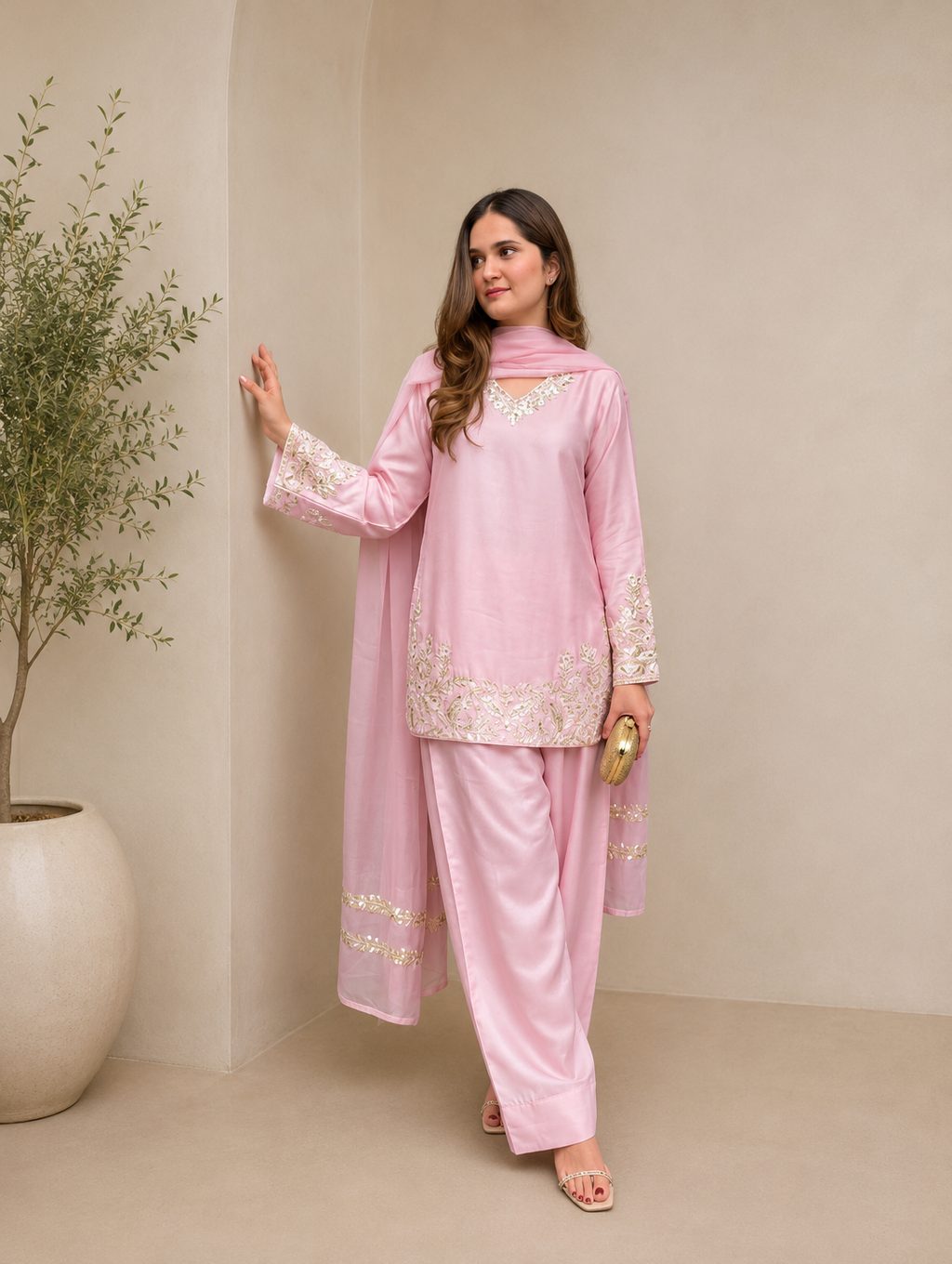 Luxury Blush Pink Embroidered Kurta Farshi Pant Dupatta Set for Women