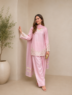 Luxury Blush Pink Embroidered Kurta Farshi Pant Dupatta Set for Women