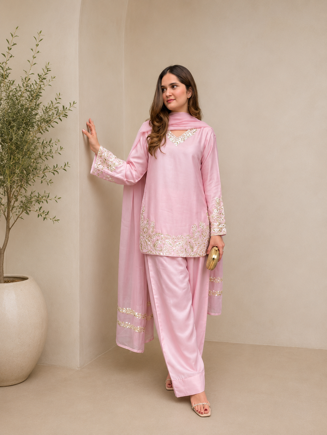 Luxury Blush Pink Embroidered Kurta Farshi Pant Dupatta Set for Women