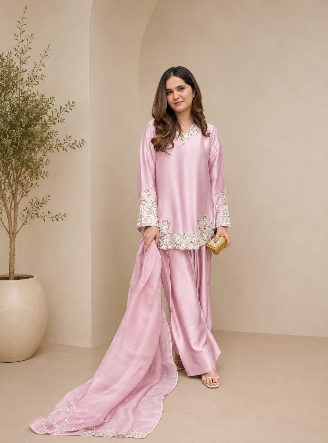 Luxury Blush Pink Embroidered Kurta Farshi Pant Dupatta Set for Women