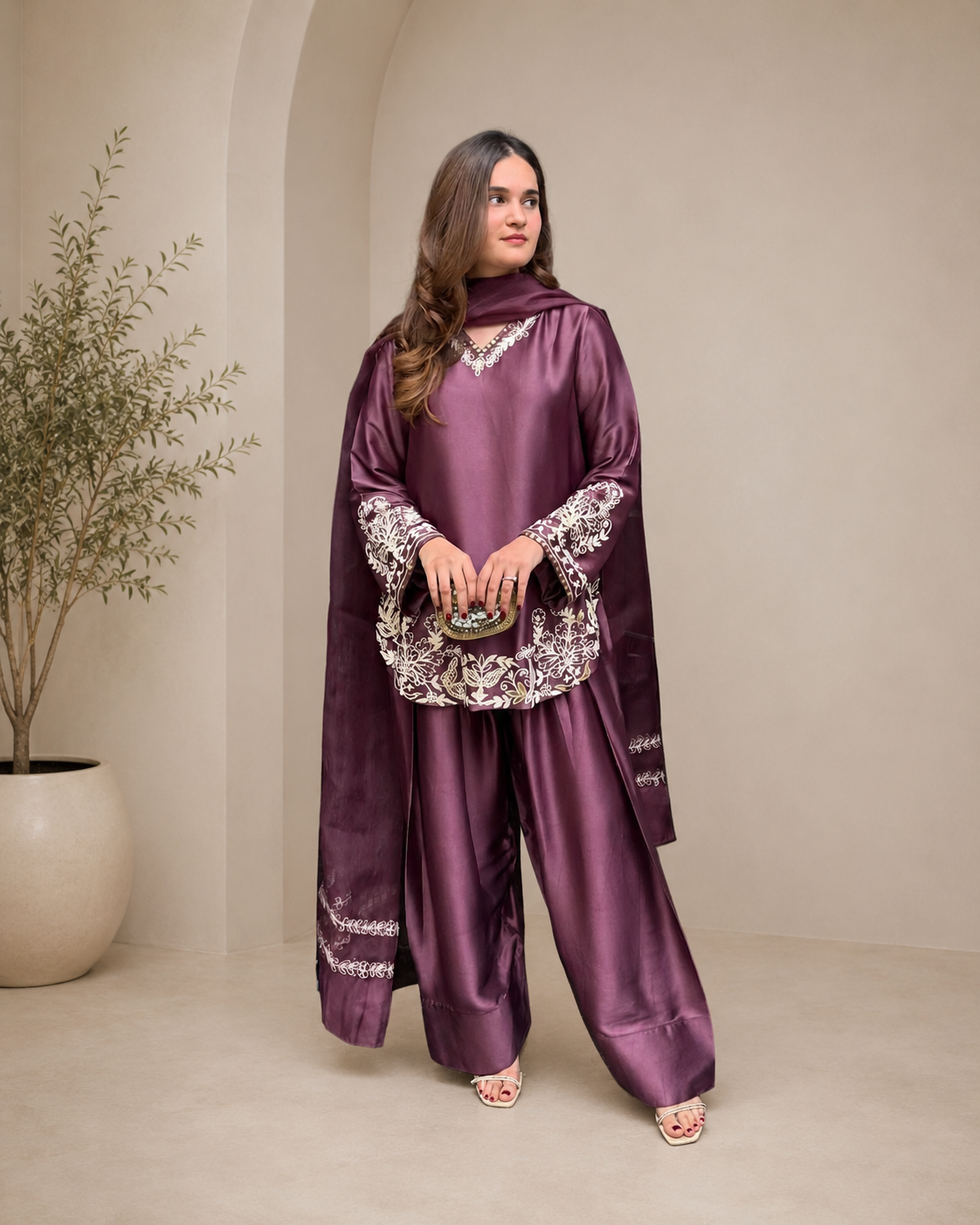 Stylish Wine Purple Embroidered Kurta Farshi Pant Dupatta Set for Women