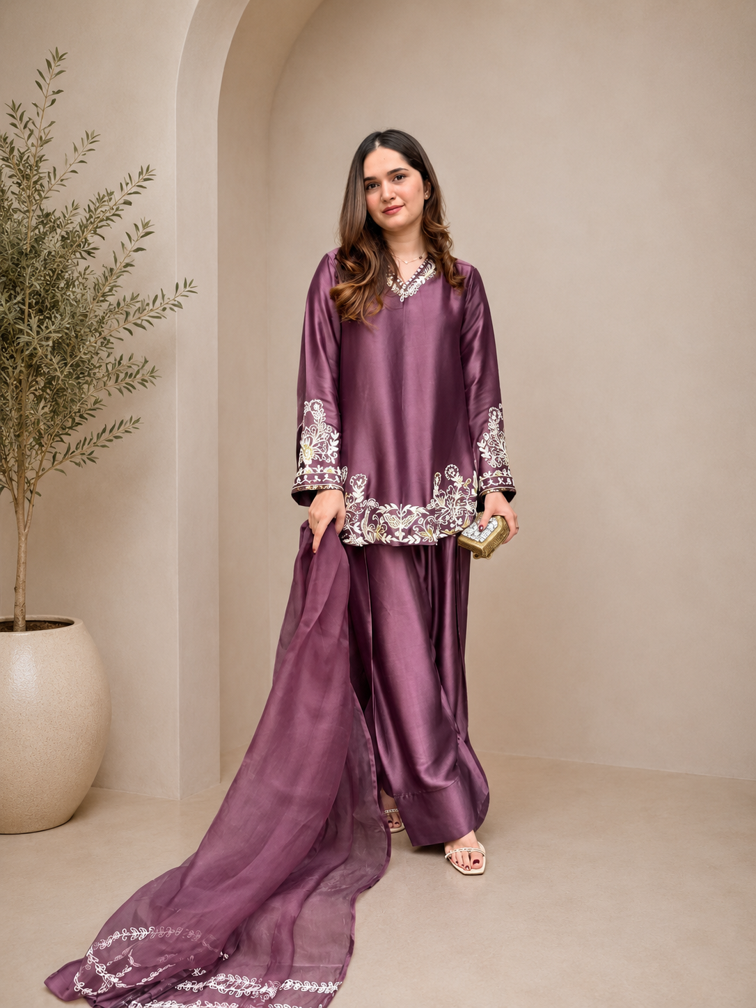 Stylish Wine Purple Embroidered Kurta Farshi Pant Dupatta Set for Women