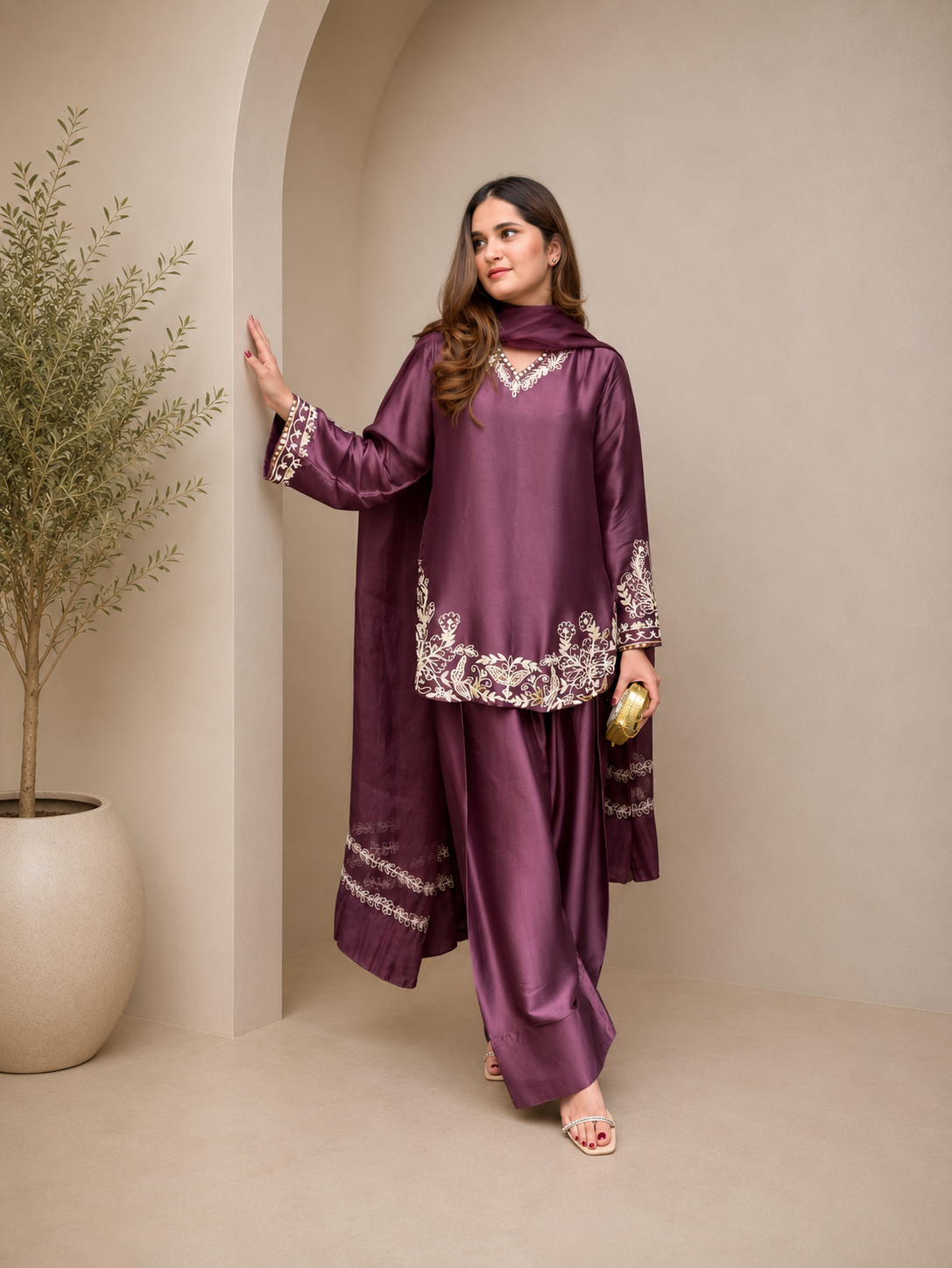 Stylish Wine Purple Embroidered Kurta Farshi Pant Dupatta Set for Women