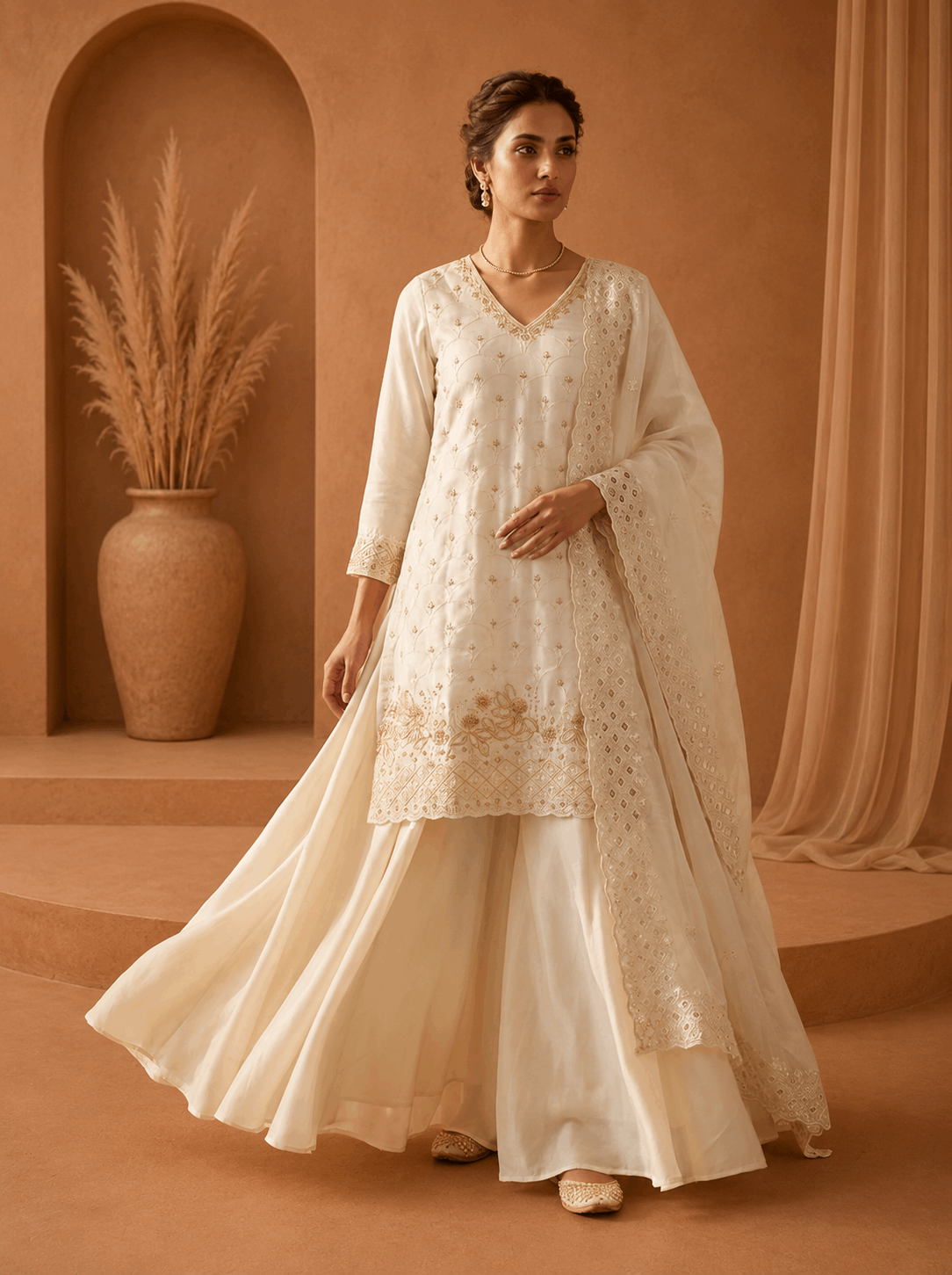 White Embroidered Sharara Suit Set for Wedding & Festive Wear