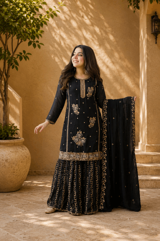 Woman in a black embroidered traditional outfit standing outdoors with a beige wall and potted plant in the background.