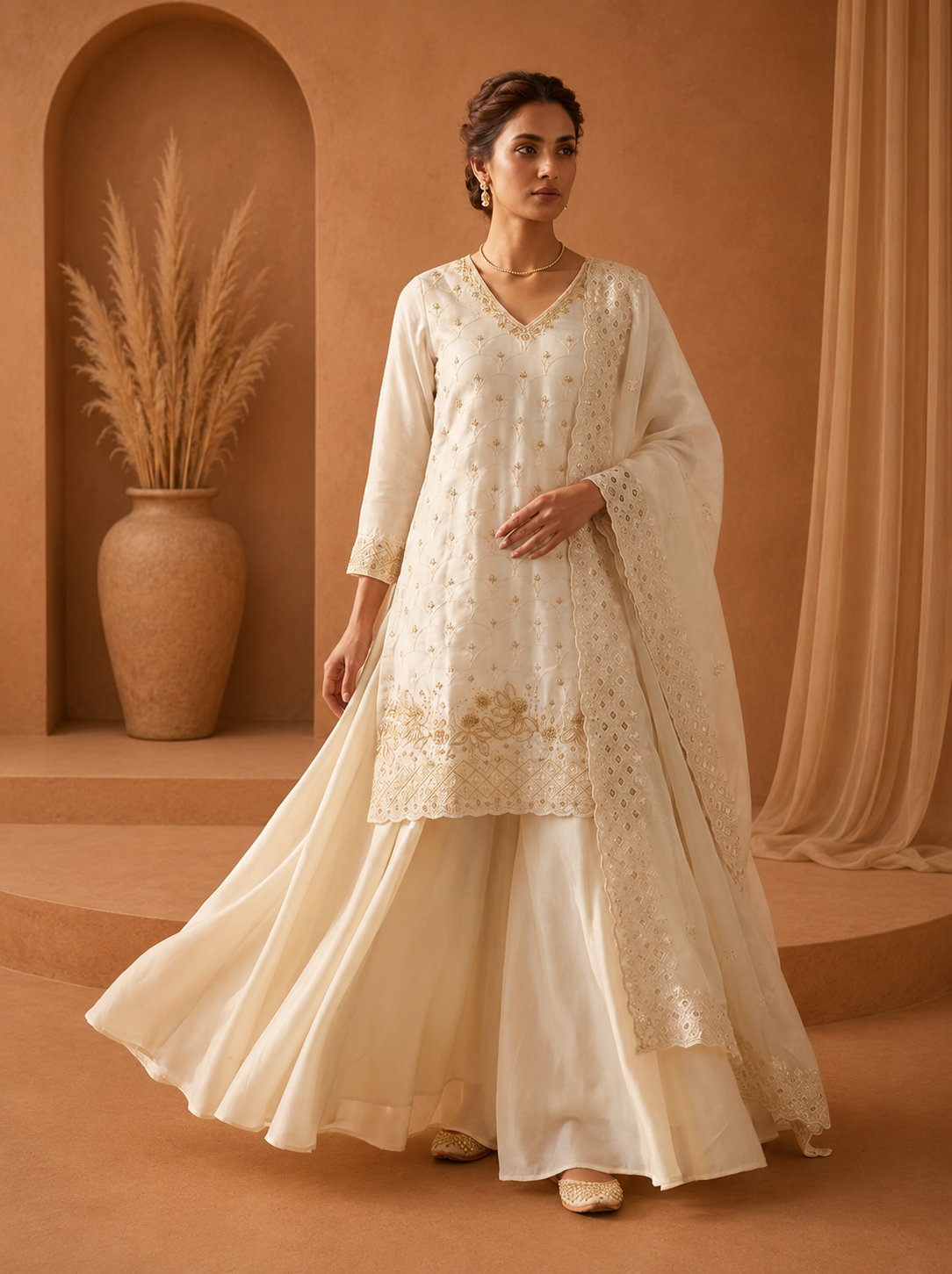 White Embroidered Sharara Suit Set for Wedding & Festive Wear