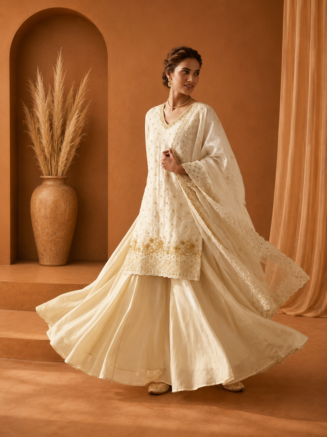 White Embroidered Sharara Suit Set for Wedding & Festive Wear