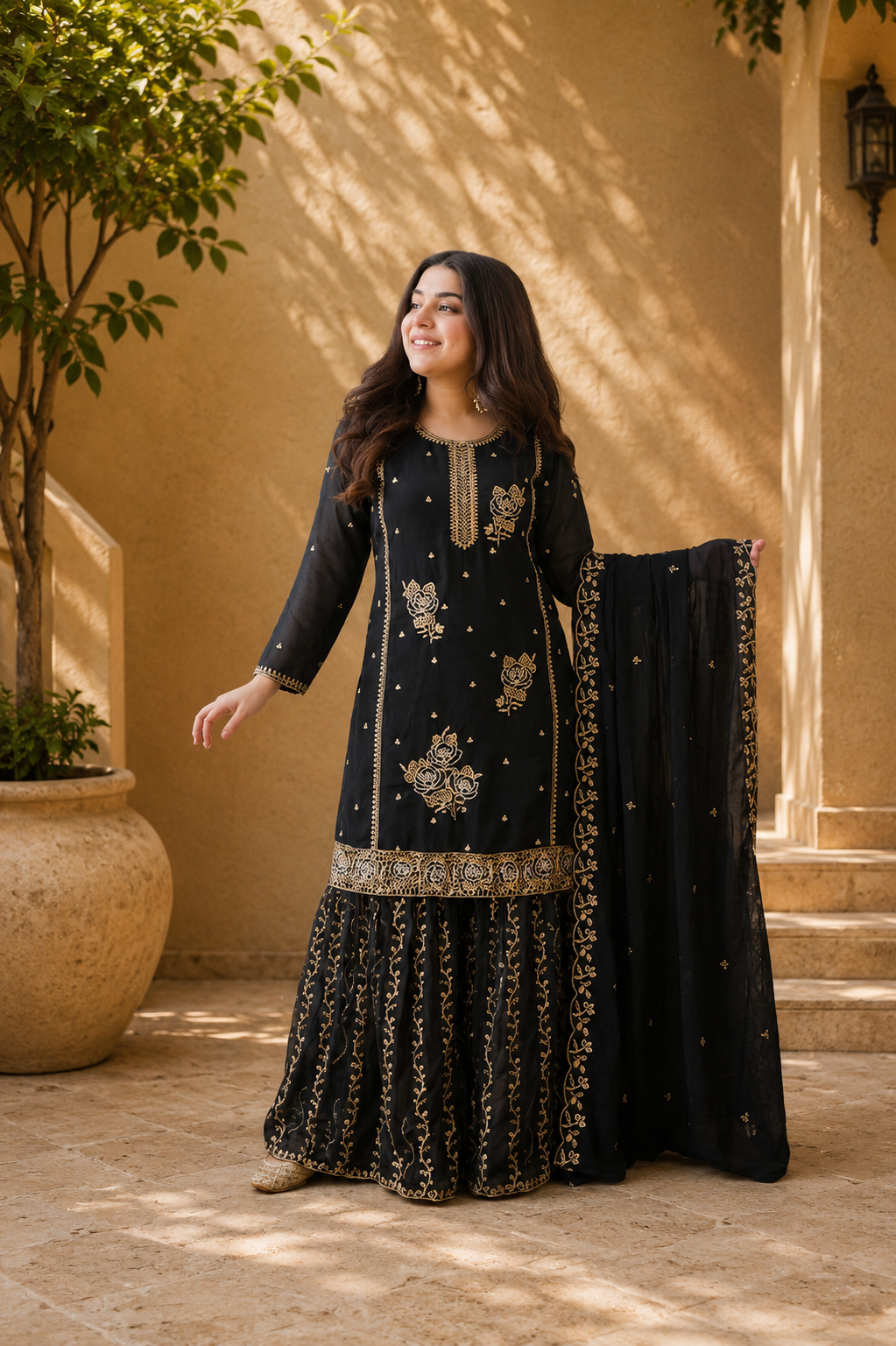 Black Embroidered Pakistani Gharara Suit for Women with Dupatta
