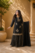 Black Embroidered Pakistani Gharara Suit for Women with Dupatta