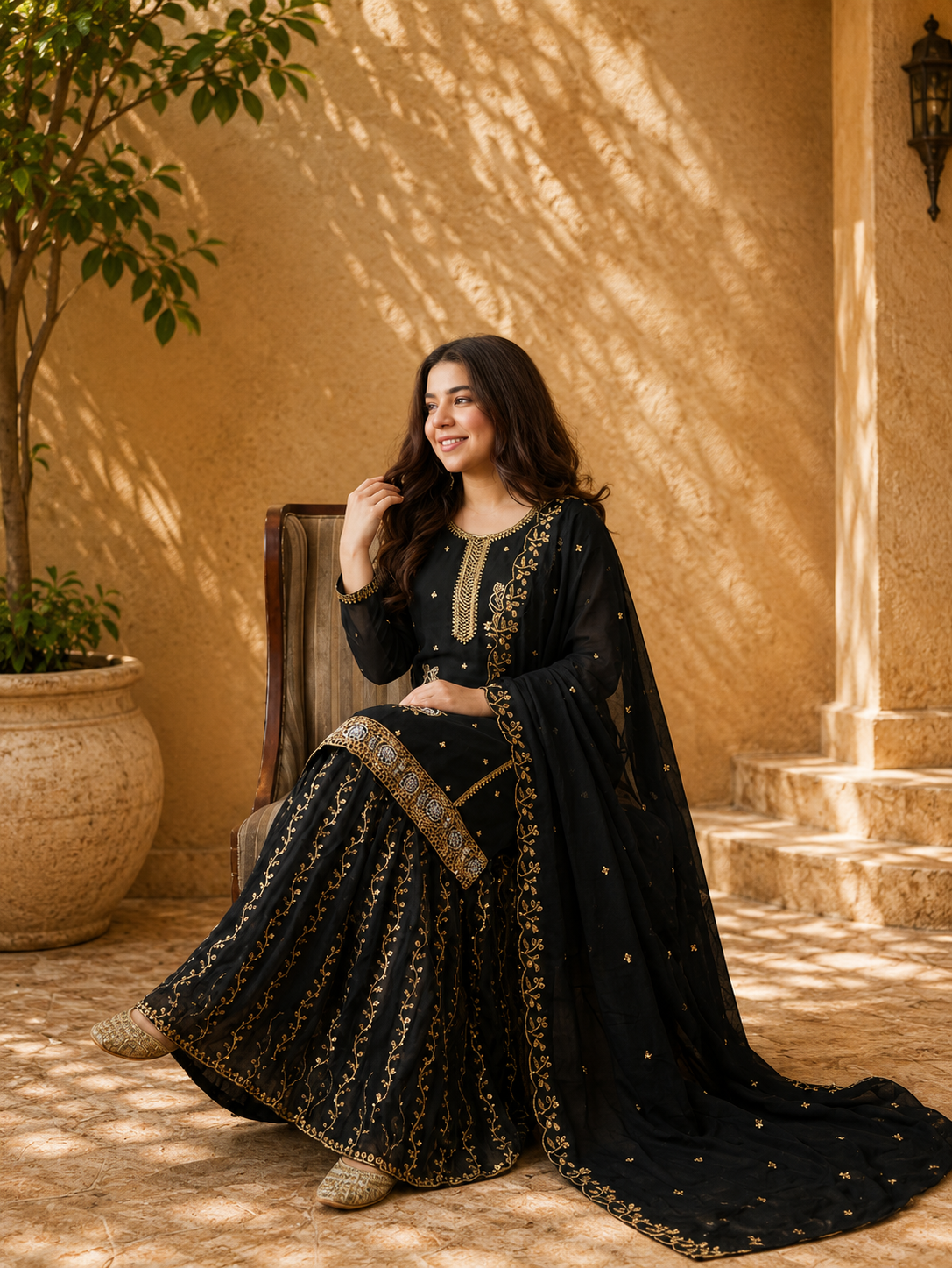 Black Embroidered Pakistani Gharara Suit for Women with Dupatta