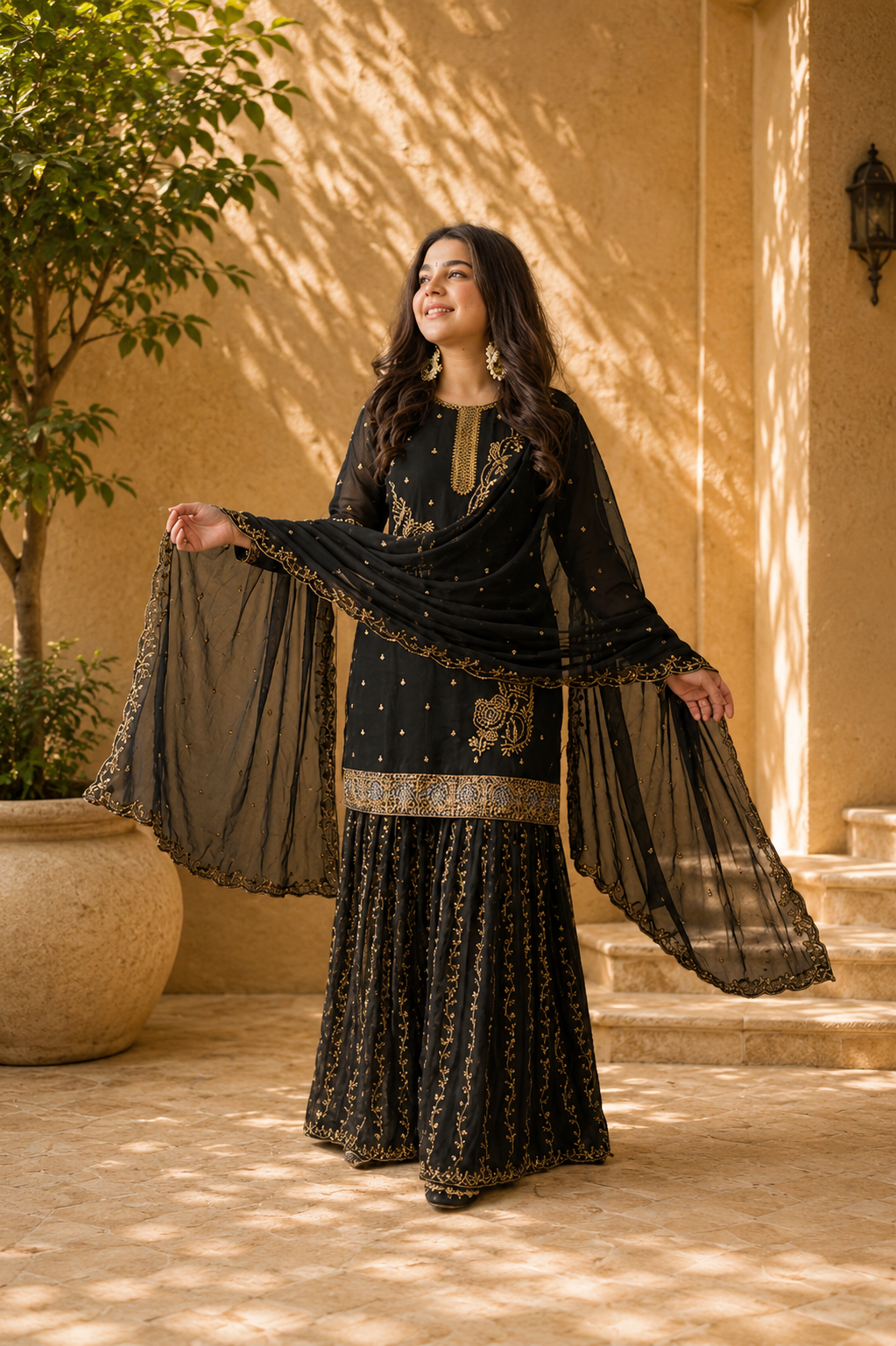 Black Embroidered Pakistani Gharara Suit for Women with Dupatta
