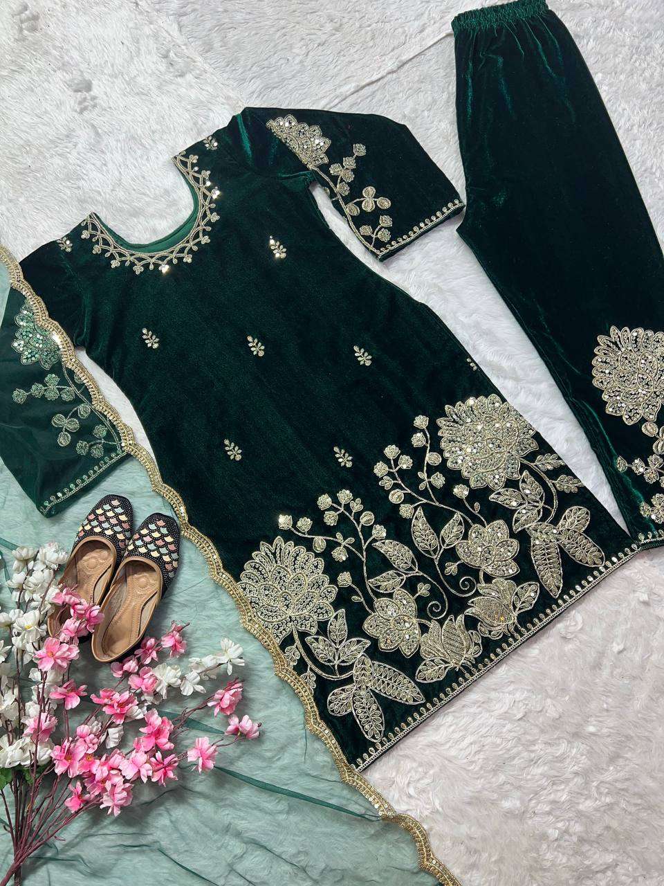 Pure Heavy Velvet Embroidered Suit with Sequins &amp; Net Dupatta