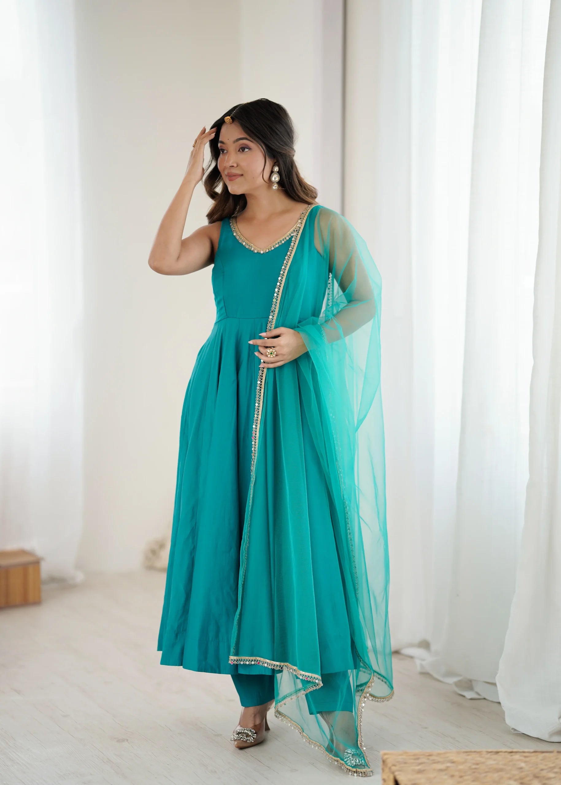 Classic Roman Silk Anarkali with Fully Sttiched Pant & Dupatta