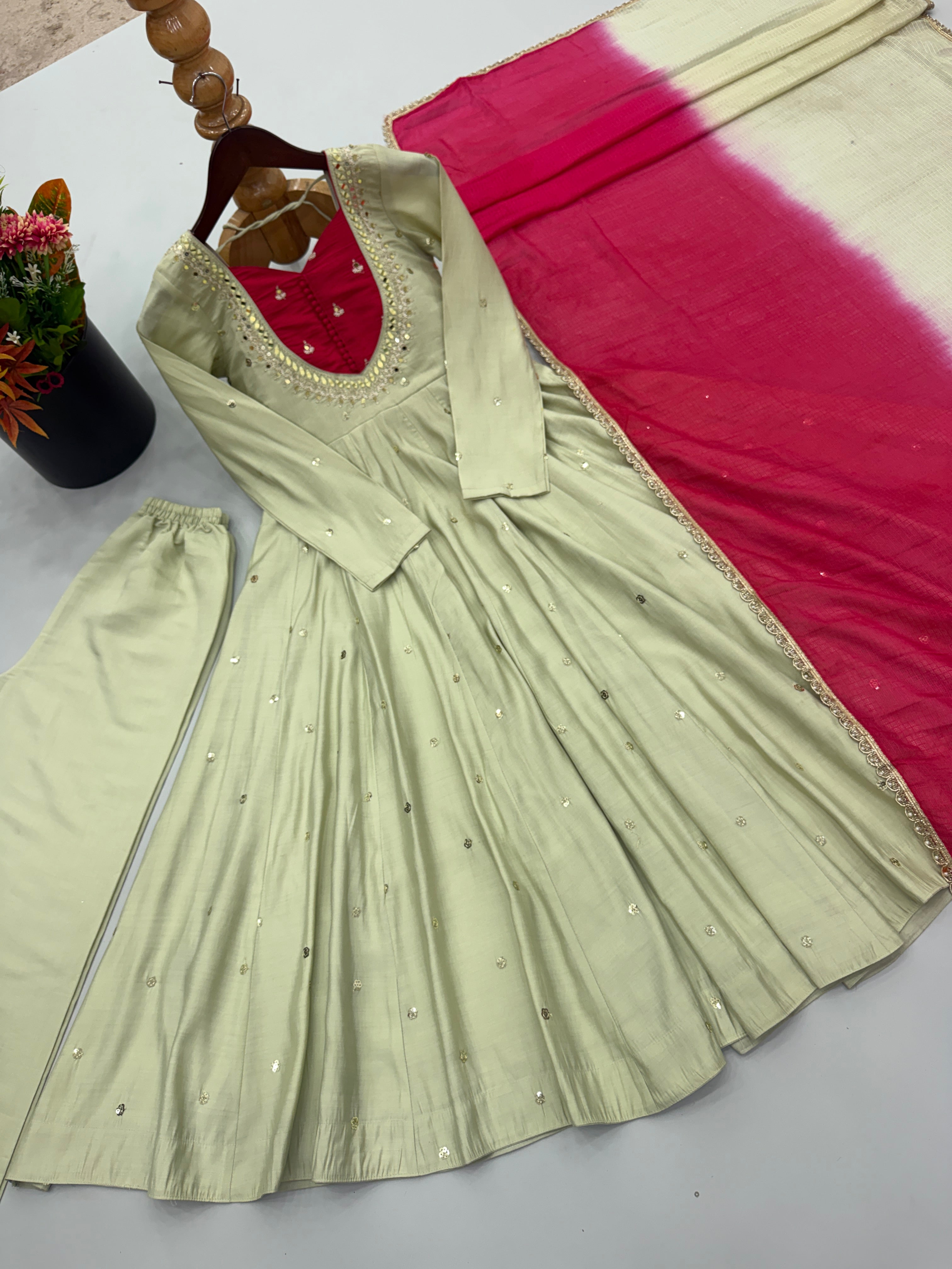 Pastel Green Roman Silk Anarkali Gown Set with Pink Dupatta